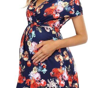 Coolmee Maternity Dress Women's V-Neck A-Line Knee Length Wrap Dress Swing Dress